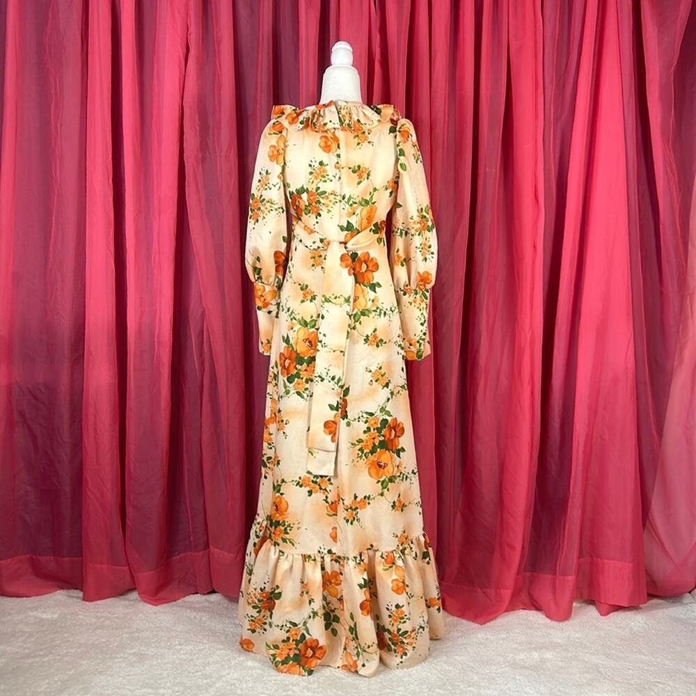 Vintage 70s does Victorian unbranded ruffled orange floral maxi dress, small - Picture 2 of 16
